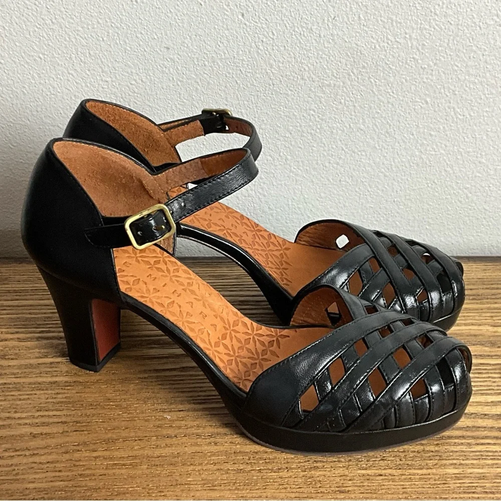 Chie Mihara Black Leather Woven Ankle-Strap Heels